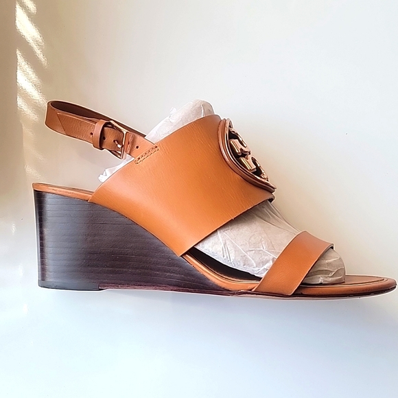 Tory Burch Miller Gold Metal 65mm Wedge Sandal Tan Rose Brown Size 8.5 medium - Picture 3 of 6